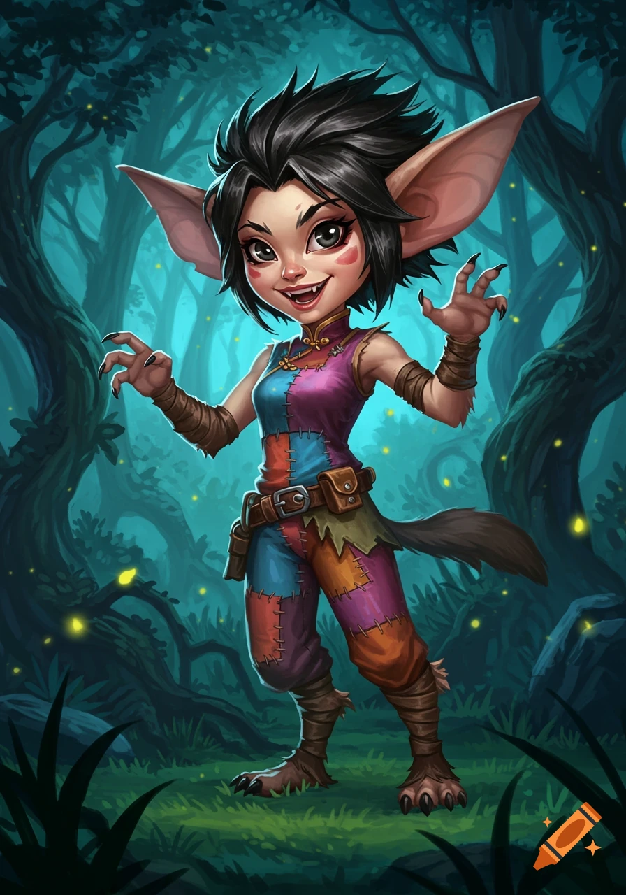 A cartoonish gremlin creature with dark hair, large ears, and patchwork clothes smiles widely, posing in a vibrant, enchanted forest.