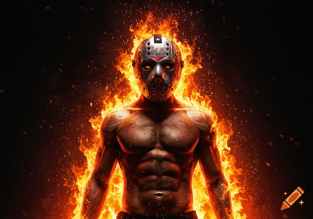 A muscular person wearing a silver hockey mask with glowing red eyes is engulfed in bright orange and red flames against a black background.