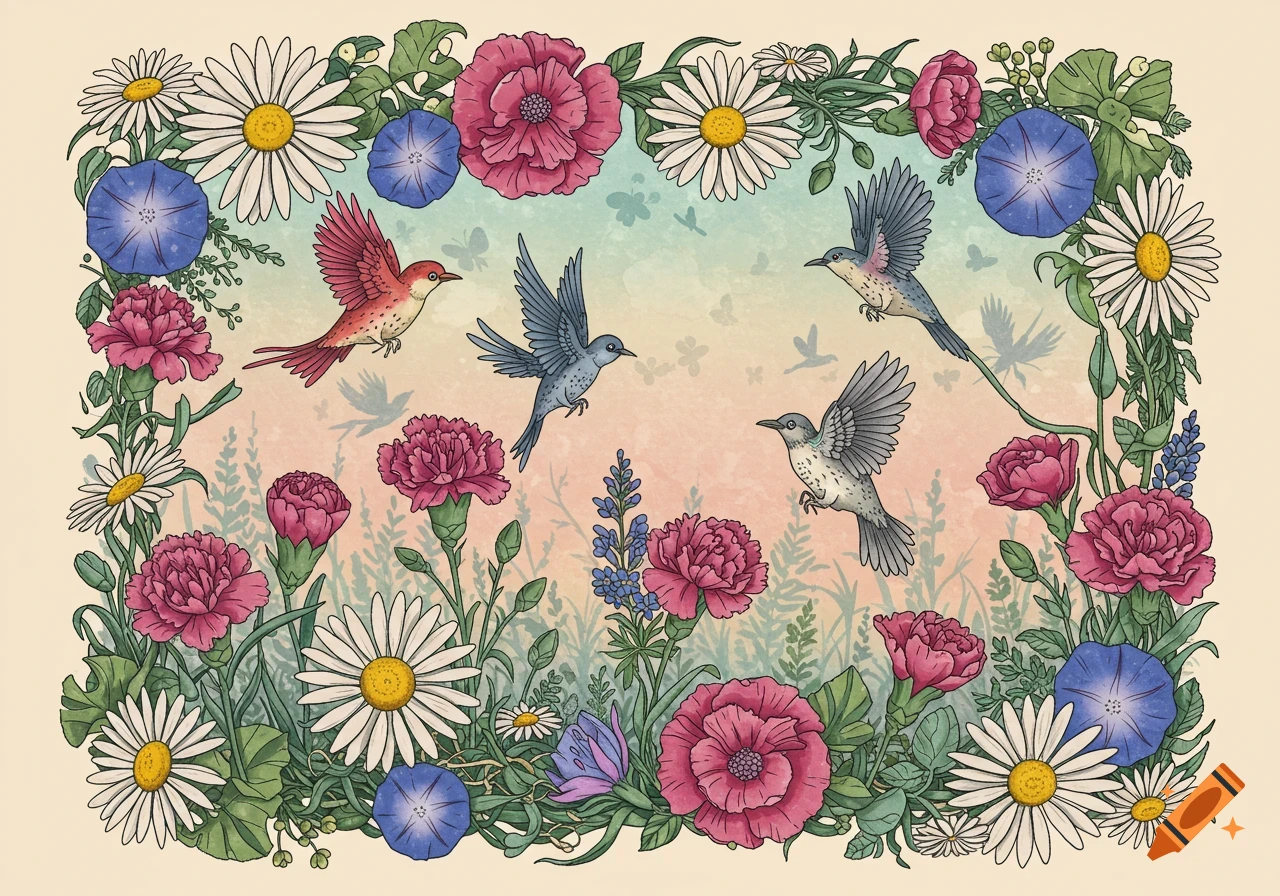 Vibrant illustration of birds and butterflies soaring amidst a frame of colorful daisies, carnations, and morning glories.