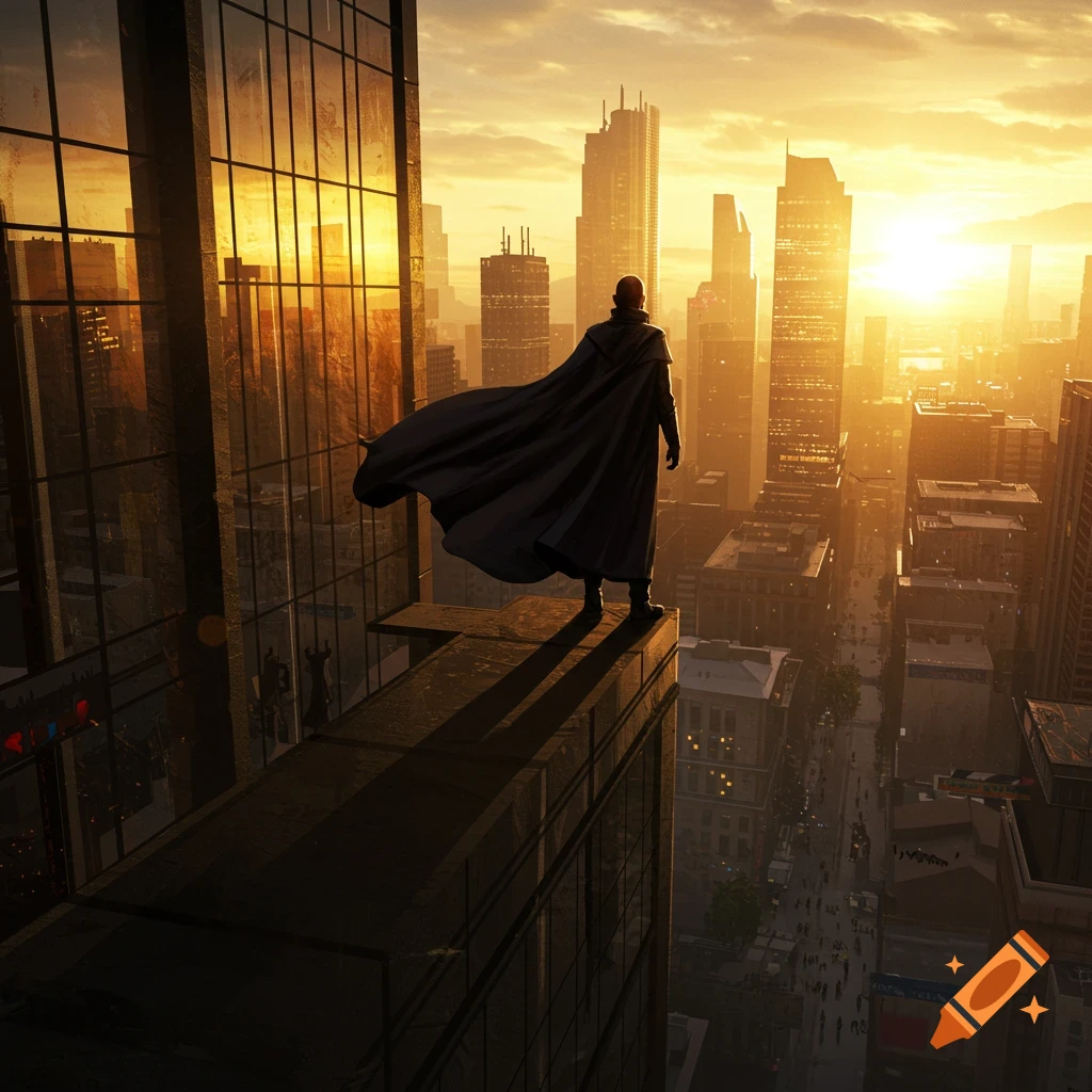 A cloaked figure stands on a skyscraper overlooking a vast city bathed in golden sunset light, photorealistic style.