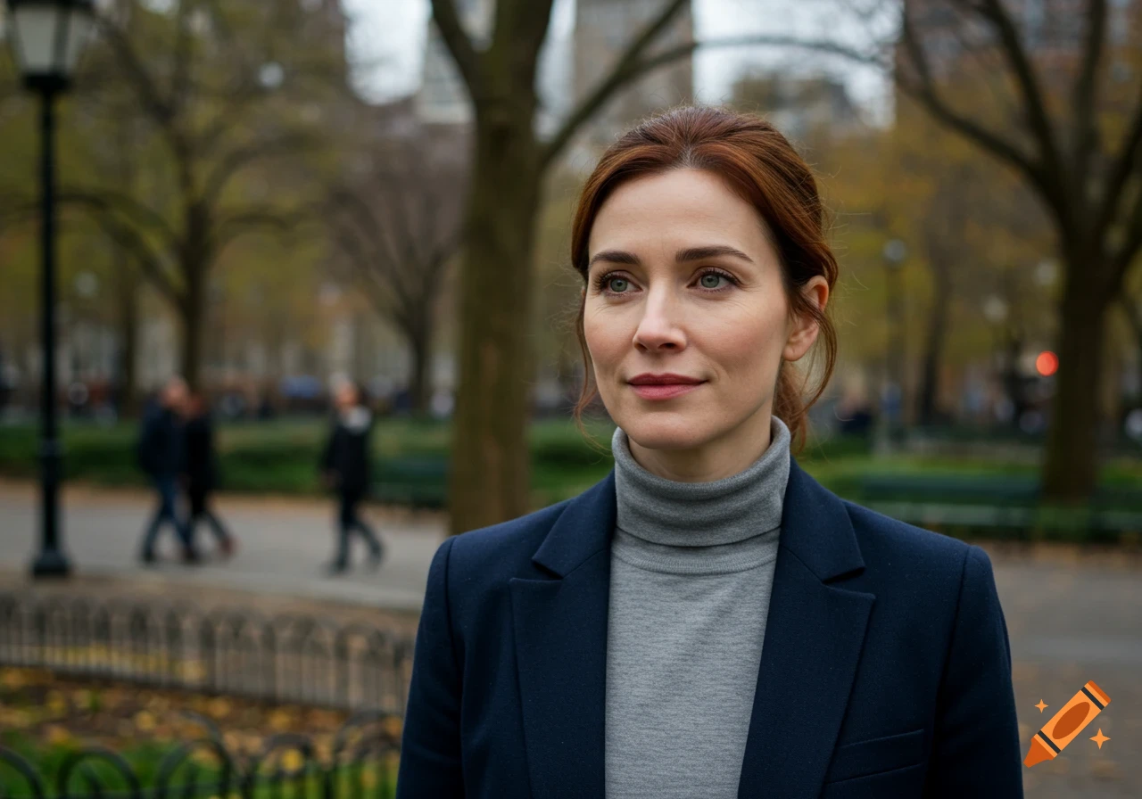 A photorealistic portrait of a woman with auburn hair in a grey turtleneck and navy blazer, standing in a blurry park.