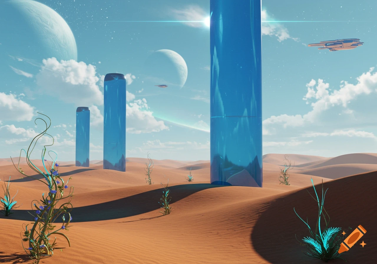Three large blue translucent pillars stand in a red desert landscape with glowing alien plants, two moons, and a spaceship in the sky. Sci-fi style.