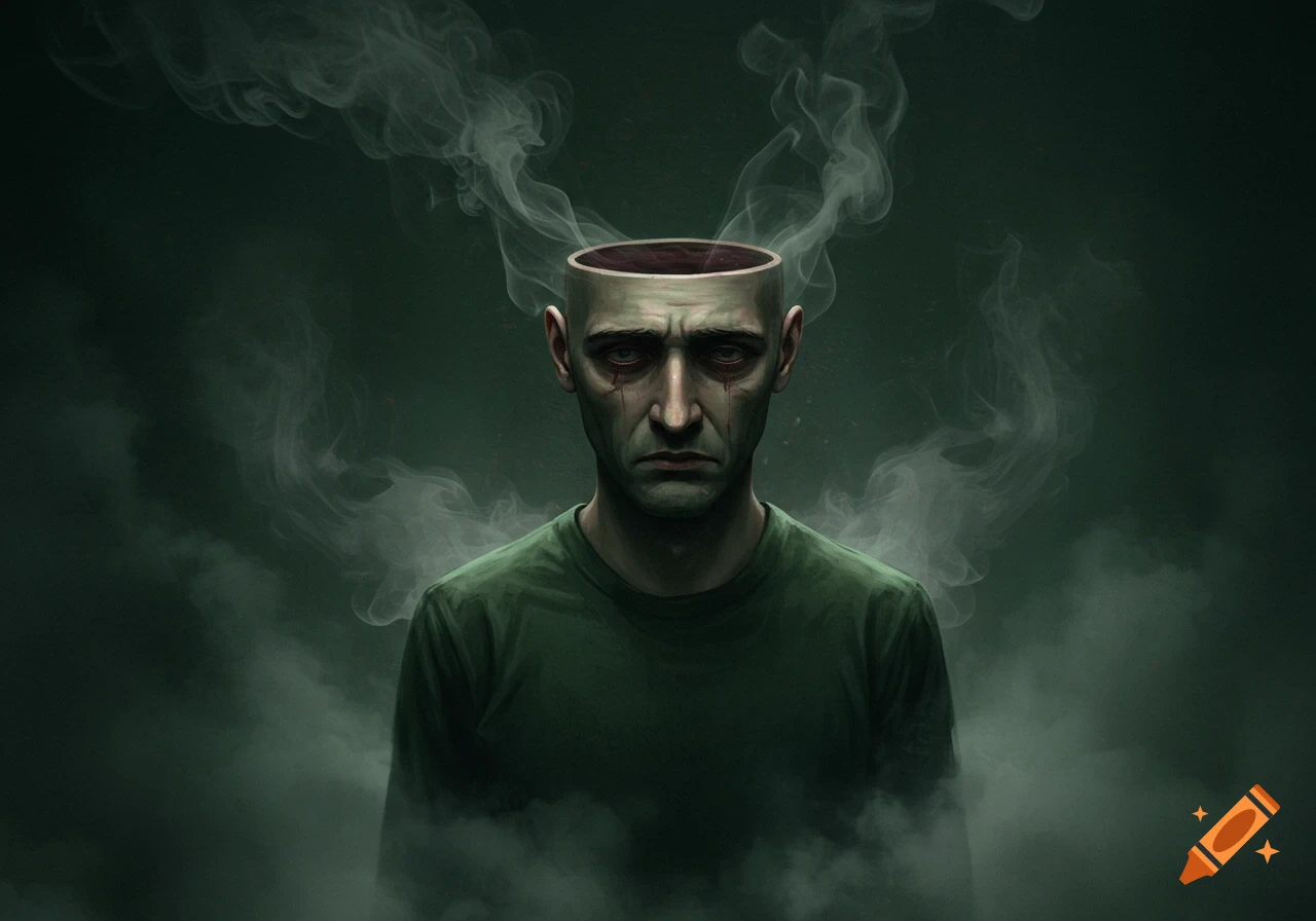 A morose man with the top of his head missing, from which smoke billows upwards, against a dark green, smoky background.