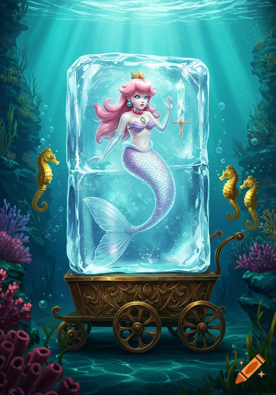 Pink-haired Mermaid Princess Peach frozen in a glowing ice block, on a golden trolley underwater with coral and seahorses.