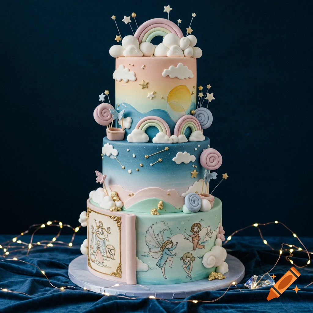 A whimsical three-tiered cake with pastel rainbows, clouds, stars, and fairies on a dark blue background with string lights.