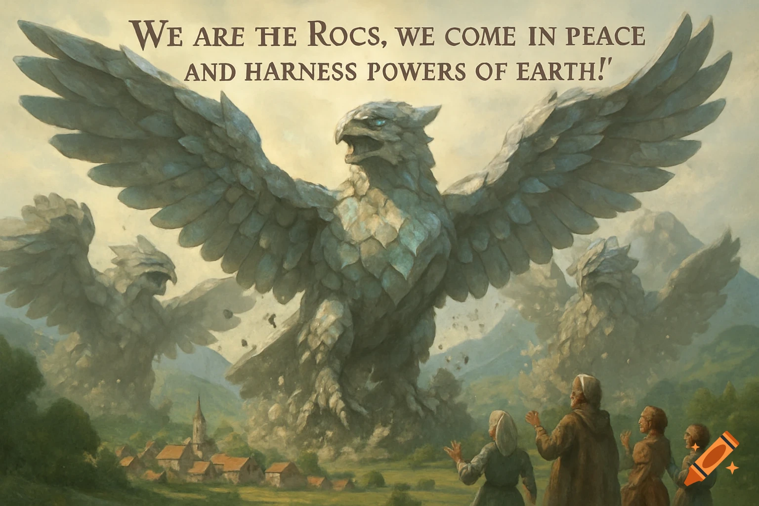 Painterly fantasy scene of giant rock birds emerging from mountains, addressing villagers with 'WE ARE THE ROCS, WE COME IN PEACE AND HARNESS POWERS OF EARTH!'