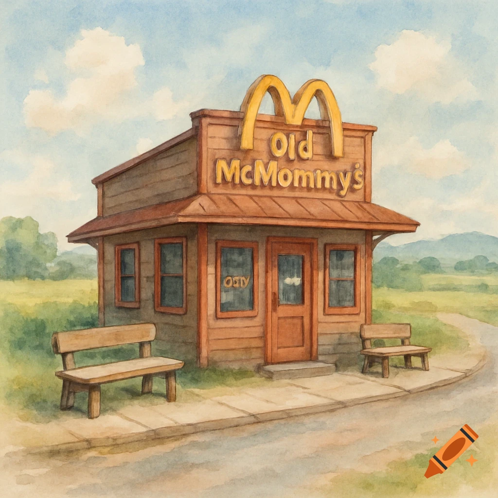 Watercolor painting of a rustic fast-food restaurant named 'Old McMommy's' with golden arches, set in a peaceful country landscape with benches.
