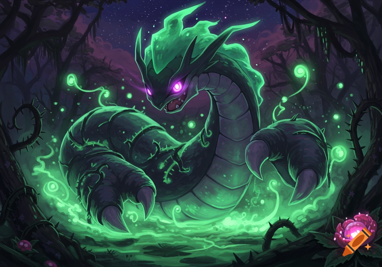 A fierce green dragon-like Pokémon with glowing purple eyes and green aura in a dark, thorny forest.