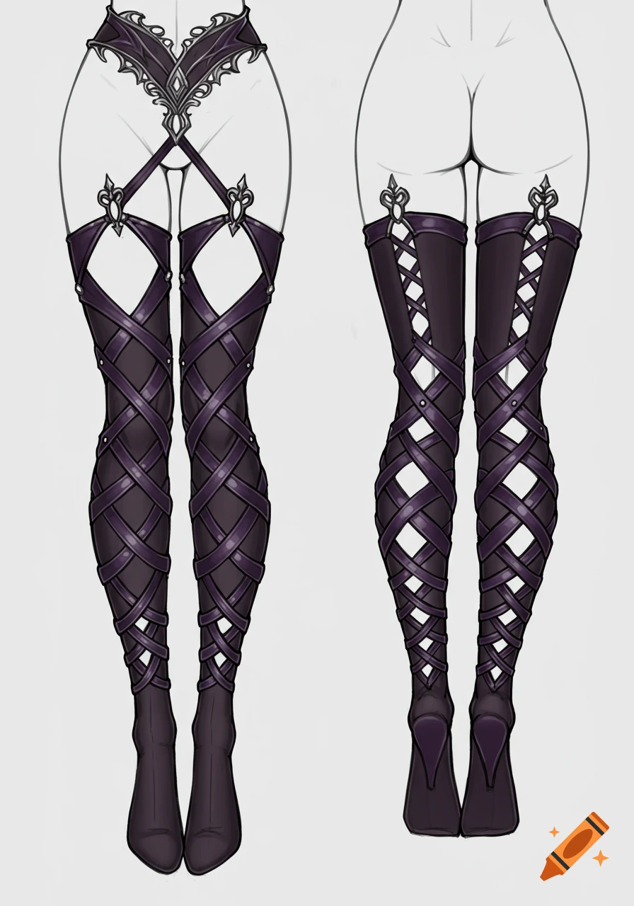 Concept art sketch of dark purple thigh-high leg wraps with a crisscross pattern and decorative buckles, shown in front and back views.