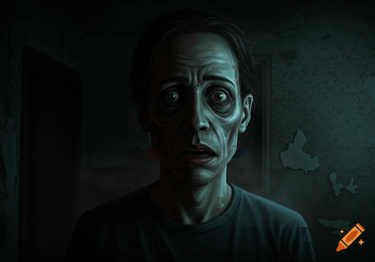 A distorted, gaunt person's face with wide, fearful eyes in a dark, eerie room, in an analog horror style.