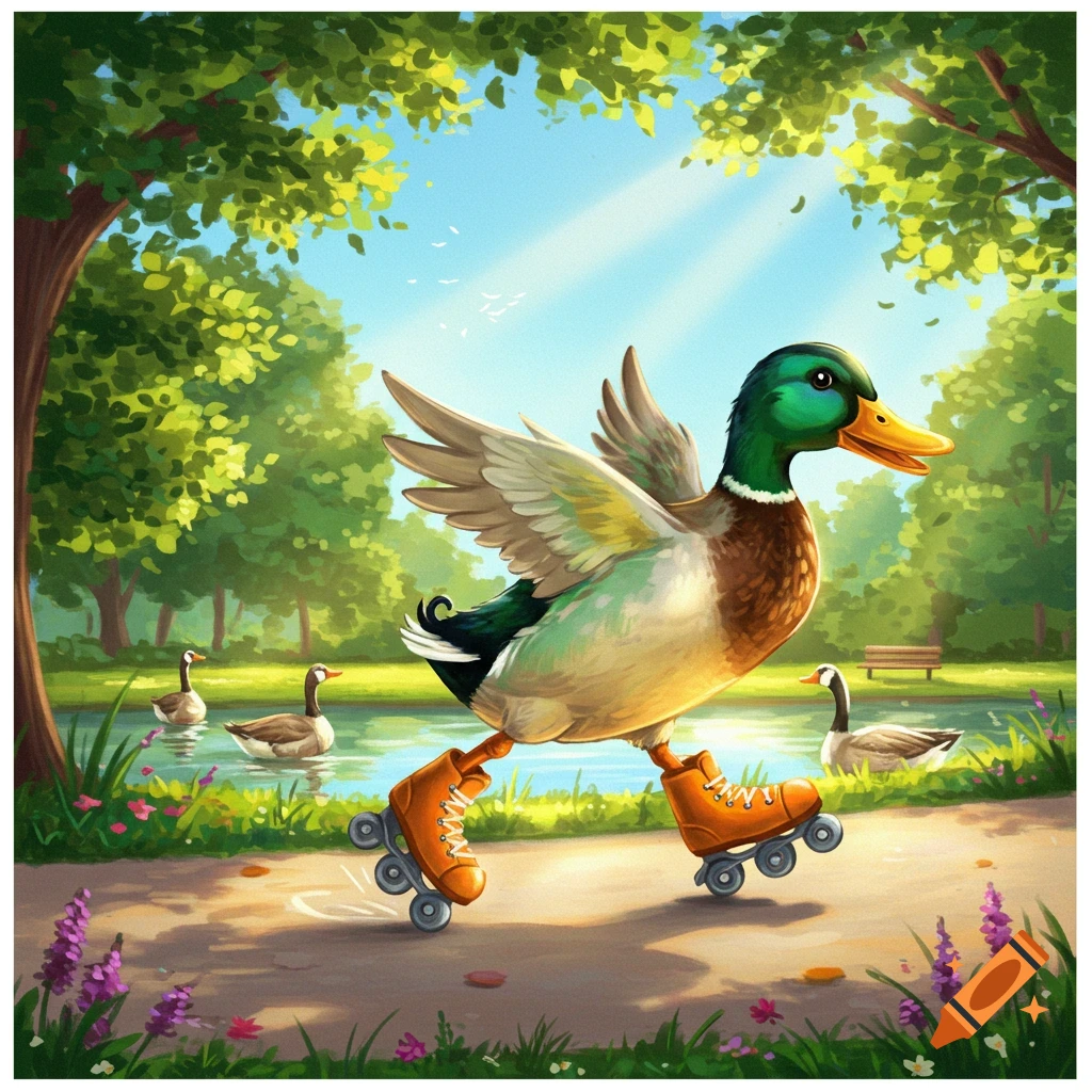 A vibrant cartoon mallard duck rollerblades along a path in a sunny park, with a pond and other ducks in the background.