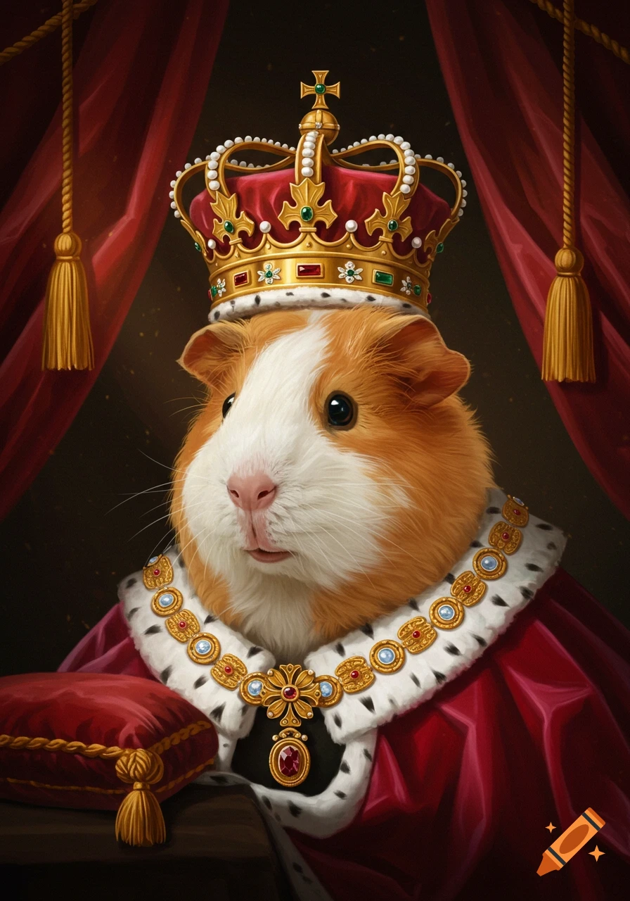 A regal guinea pig wearing a golden jeweled crown and a red velvet robe with a fur collar, sitting in a royal portrait.