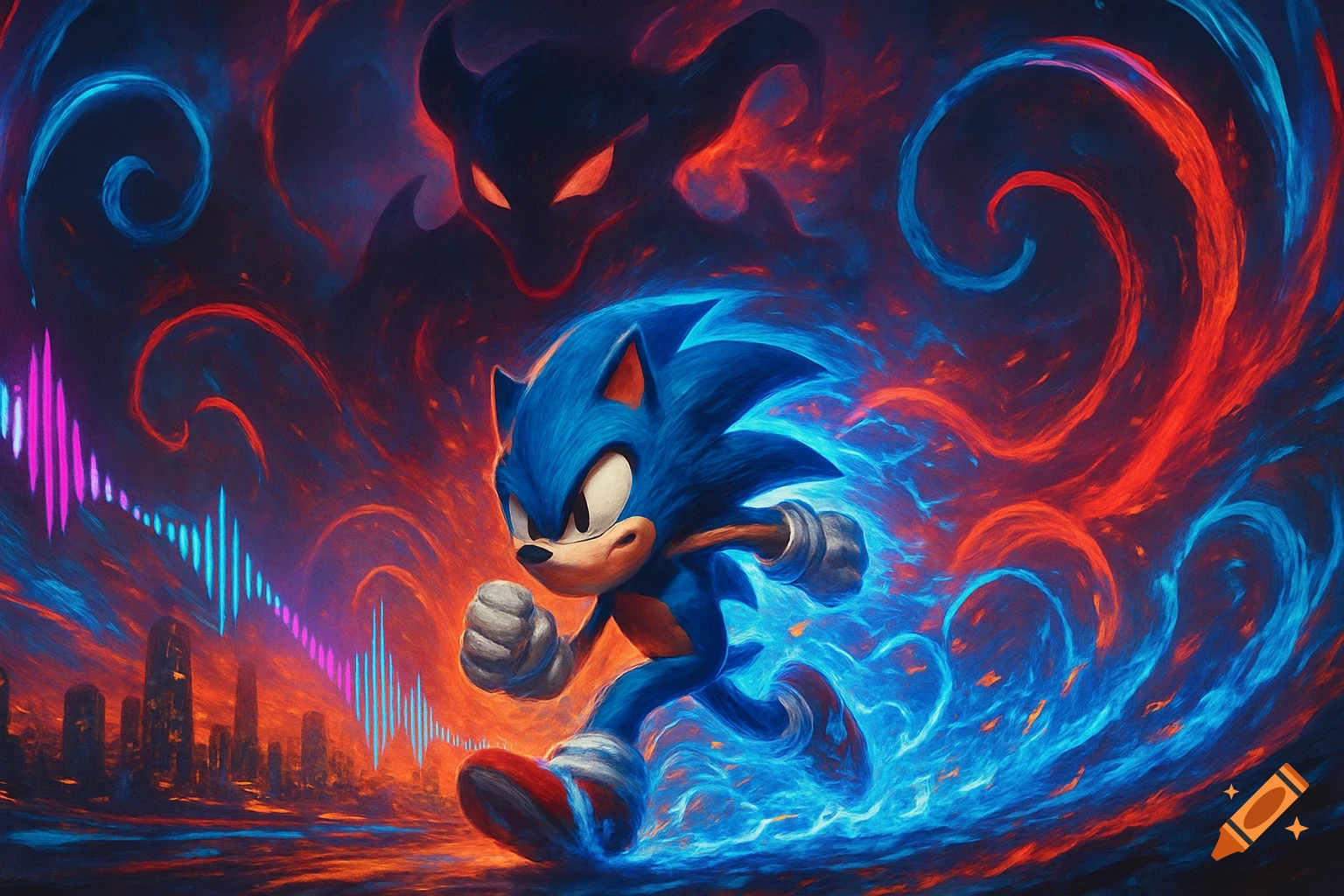 Sonic the Hedgehog runs with blue energy, pursued by a shadowy demon over a cityscape with sound waves, in a vibrant, painterly style.
