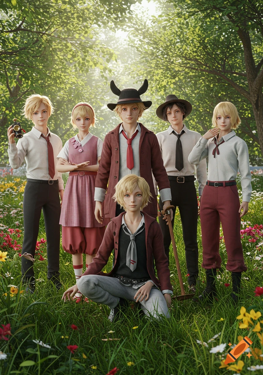 Six young anime-style characters, one kneeling and one holding a camera, pose in a sunny, flower-filled forest clearing in a detailed 3D art style.