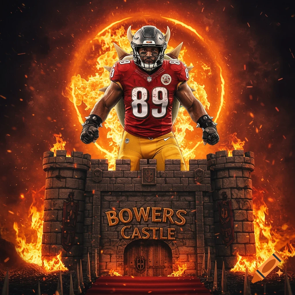 Muscular football player (89) with Bowser-like horns and spikes stands on a castle, 'BOWERS CASTLE' inscribed, surrounded by fire.