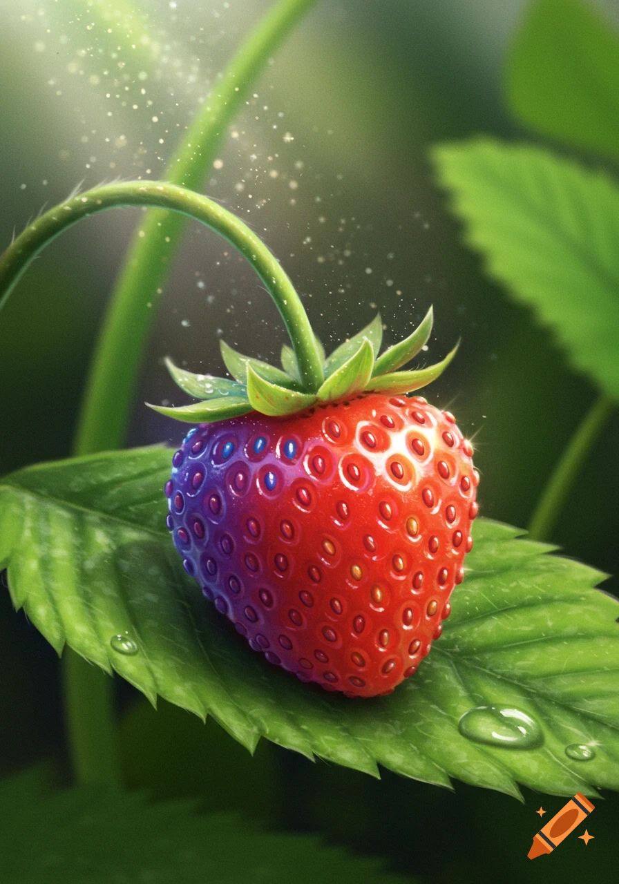A vibrant red strawberry with a rainbow hue and sparkling light, resting on a green leaf with water droplets.