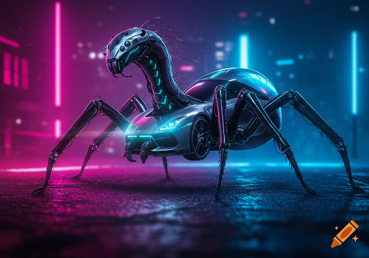 A futuristic spider-car hybrid with neon lights stands on a cyberpunk street at night, glowing pink and blue.