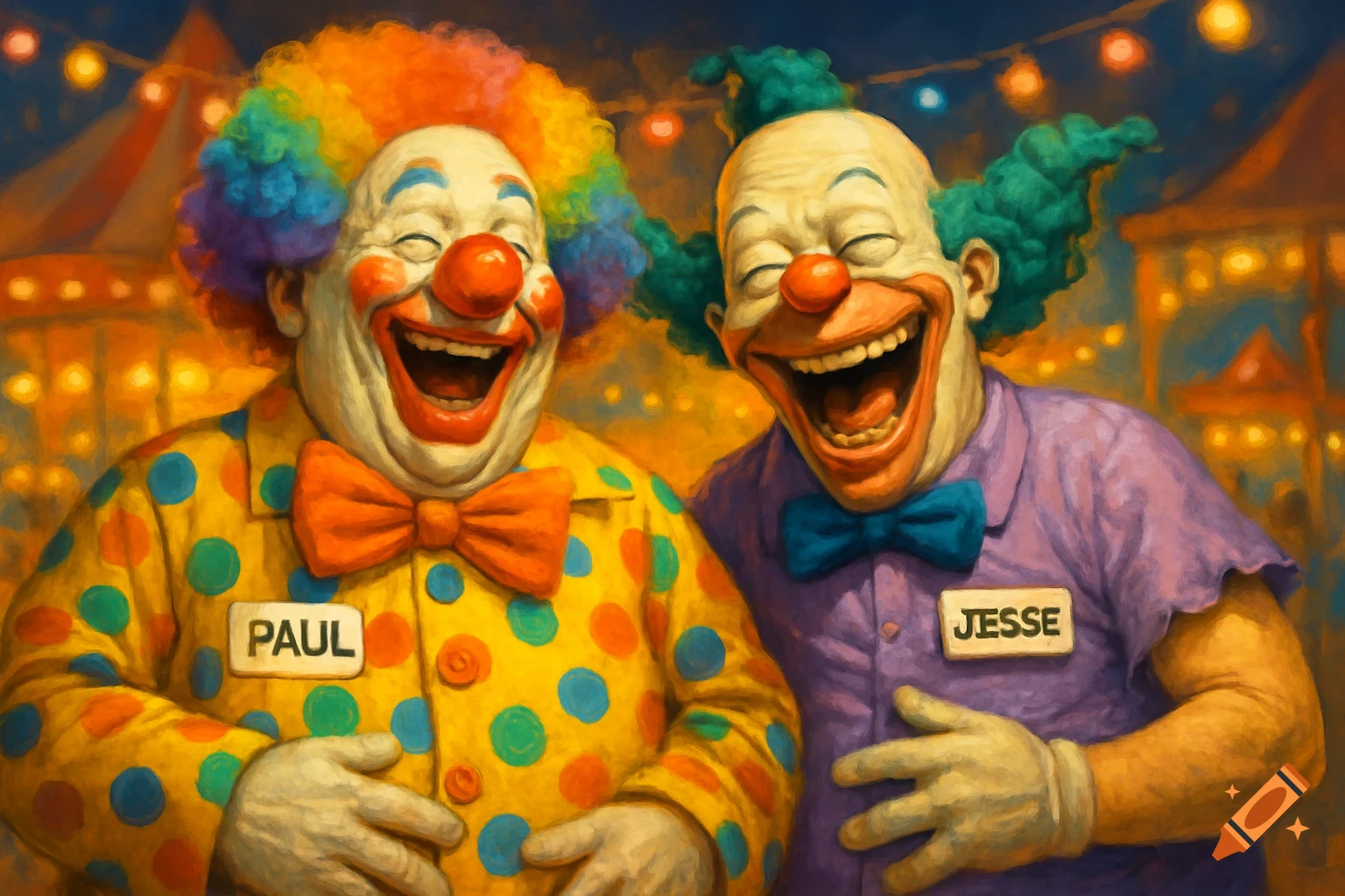 Two colorful clowns, one named Paul and one named Jesse, are laughing heartily at a carnival at night, in a painterly style.
