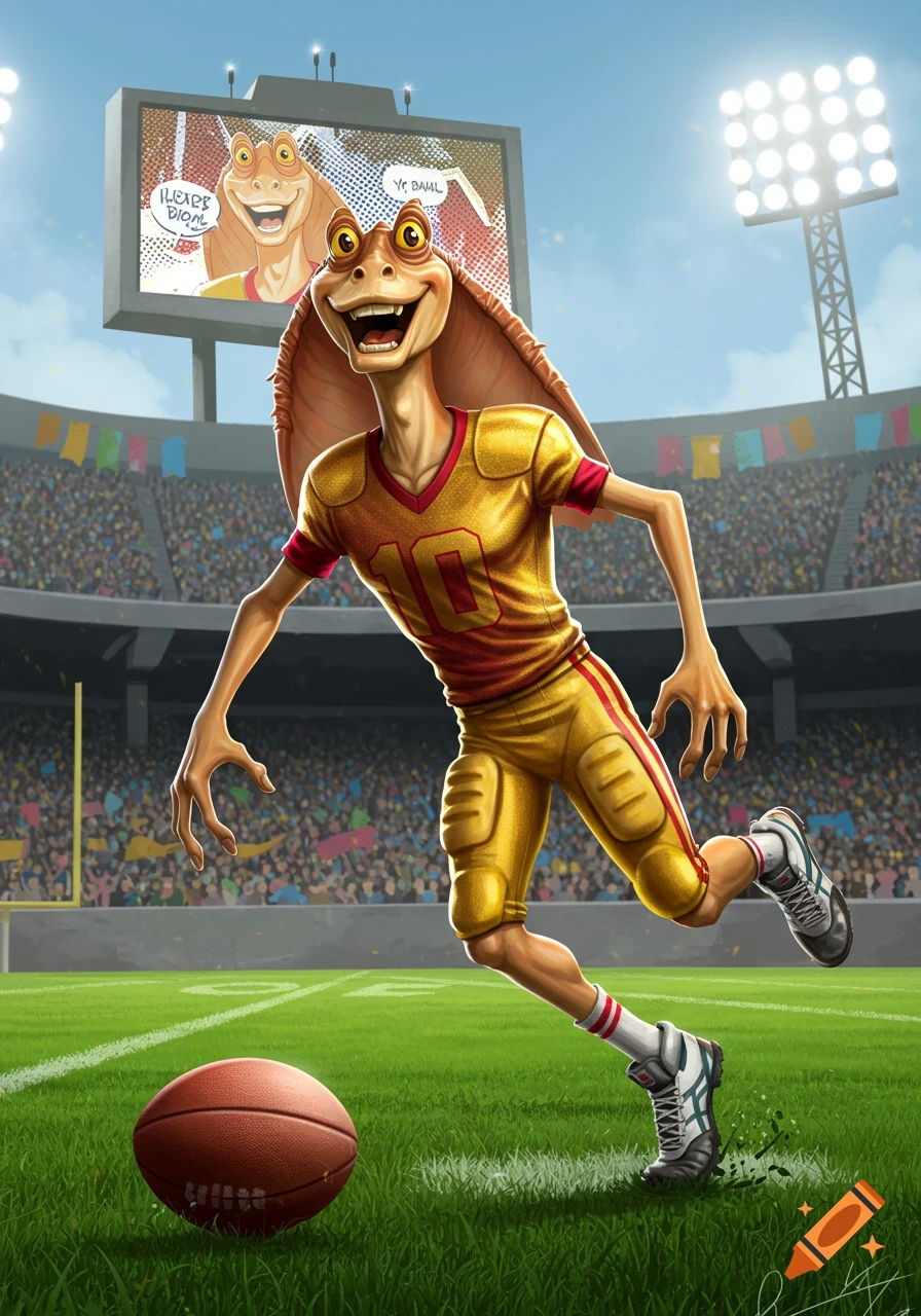 A cartoonish Jar Jar Binks in a gold and red football uniform runs on a green field in a stadium with a jumbotron in the background.