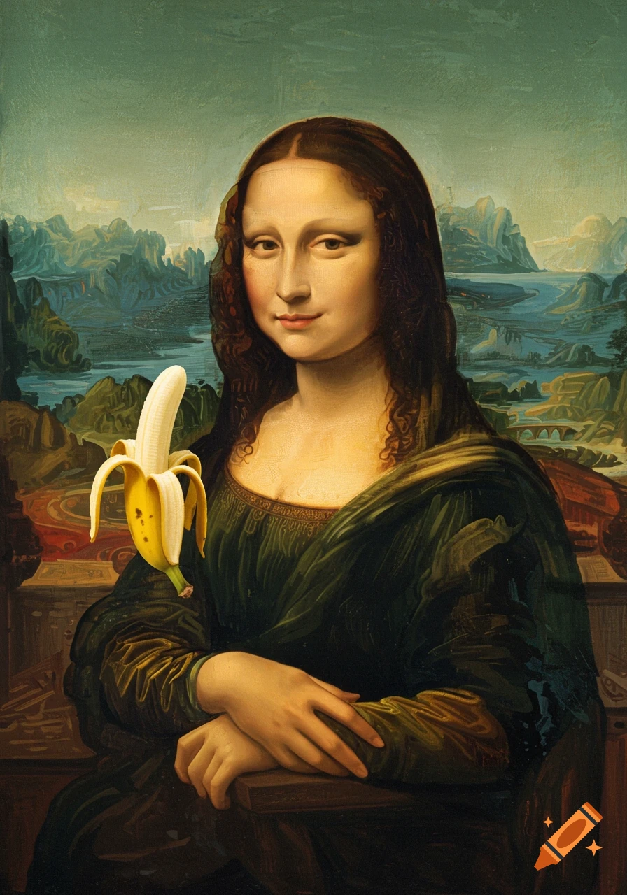 Mona Lisa in a classic oil painting style holds a peeled banana on her arm.
