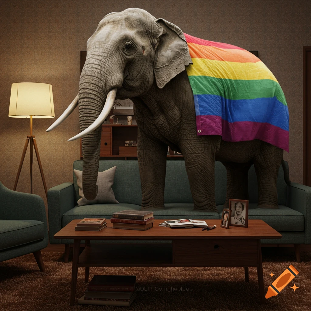 A large, photorealistic elephant draped in a rainbow pride flag stands inside a cozy, cluttered living room.
