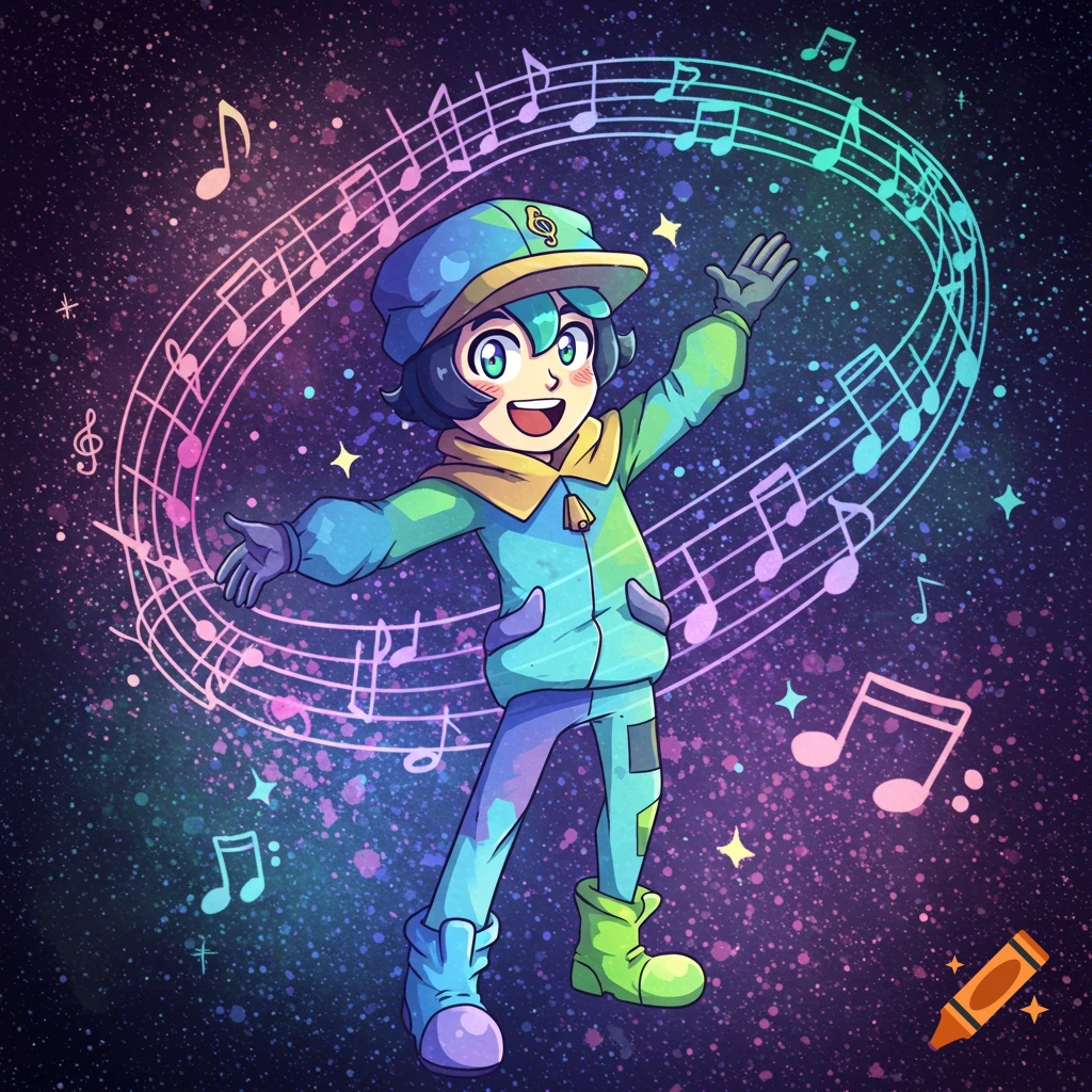A cheerful anime-style character in a blue and green outfit, with arms outstretched, smiles amidst a colorful galaxy background filled with glowing musical notes.