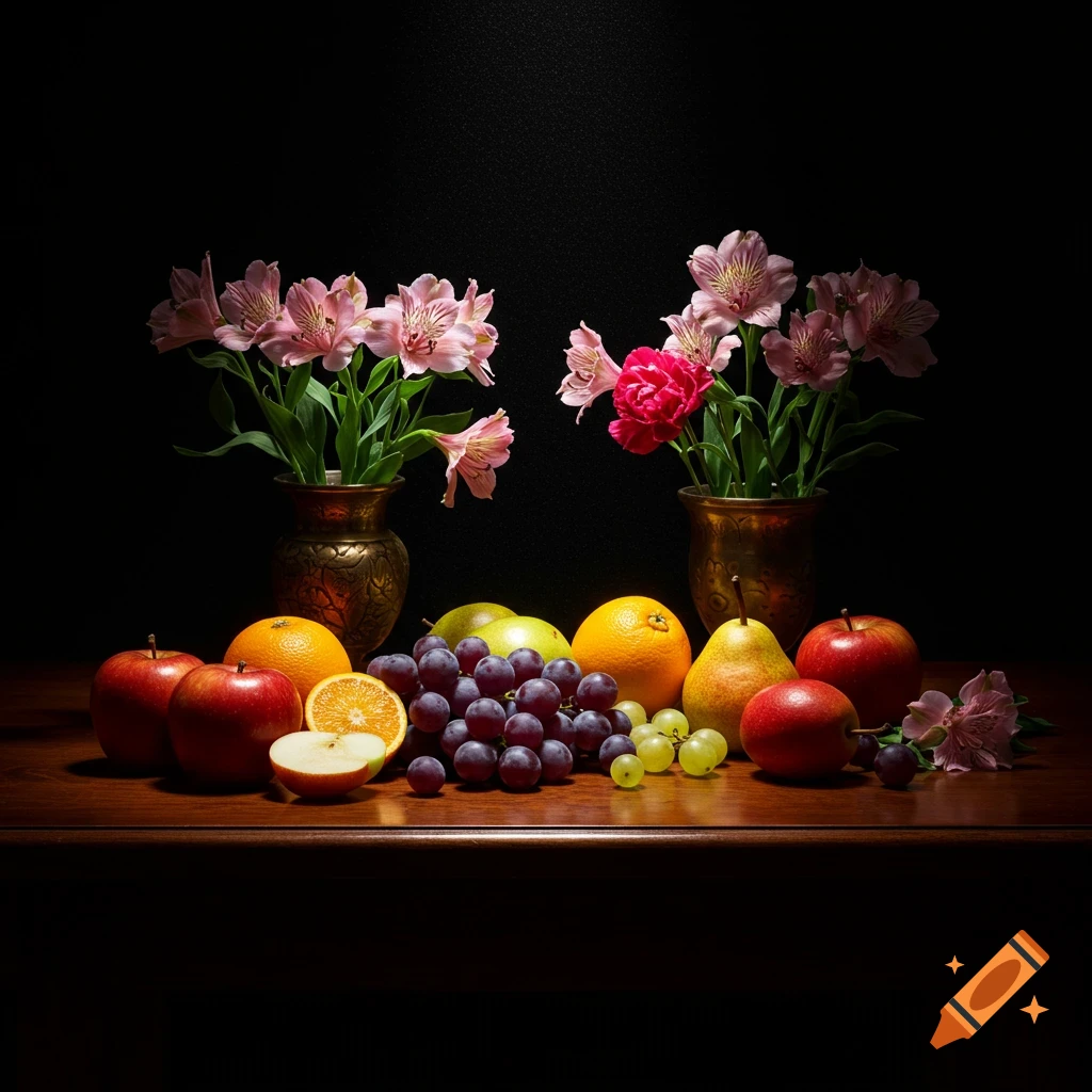Photorealistic still life of red apples, oranges, grapes, pears, and pink flowers in vases on a dark wooden table against a black background.