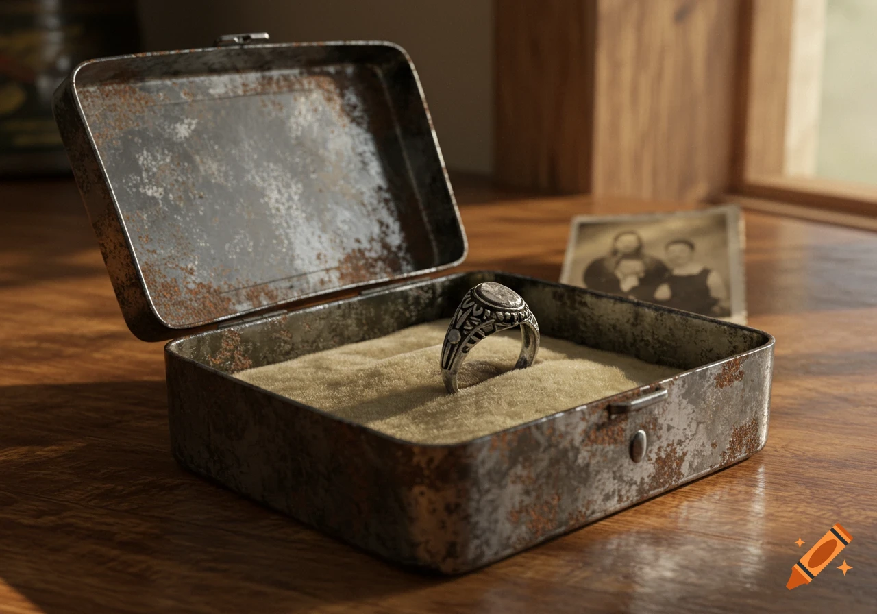 A photorealistic image of a silver ring in an open rusty metal box, with a blurred old photograph in the background.
