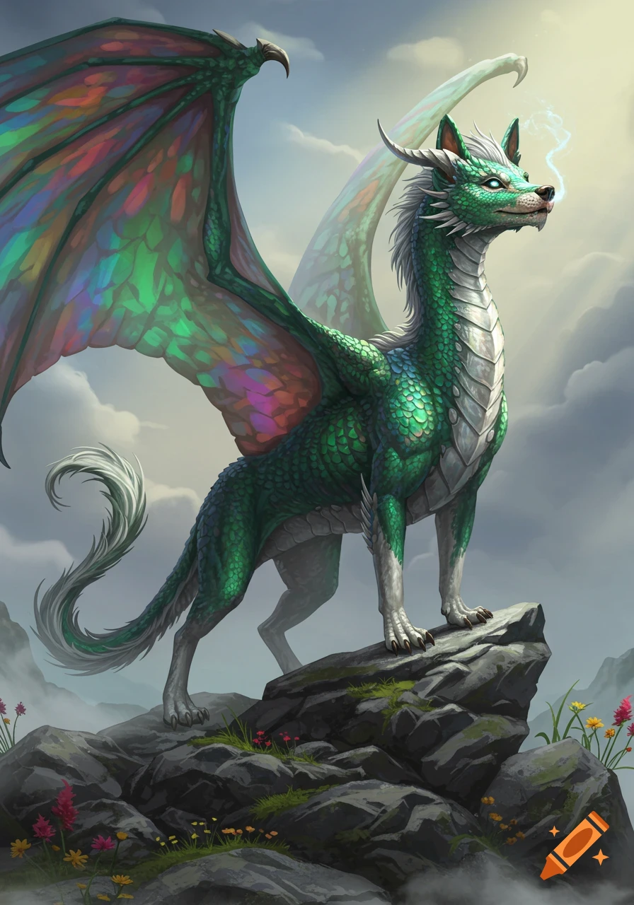 A green dog-dragon creature with iridescent wings stands on a rocky cliff, looking towards the sky.