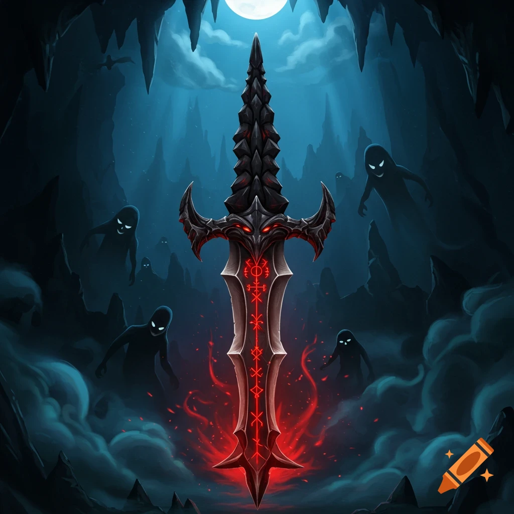 A dark, stylized demon dagger with glowing red runes, surrounded by shadowy figures in a moonlit cave.