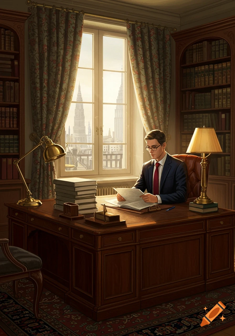 A man in a suit and tie sits at a large wooden desk in a luxurious office, reading a document. Bookshelves line the walls, and a window overlooks a city.
