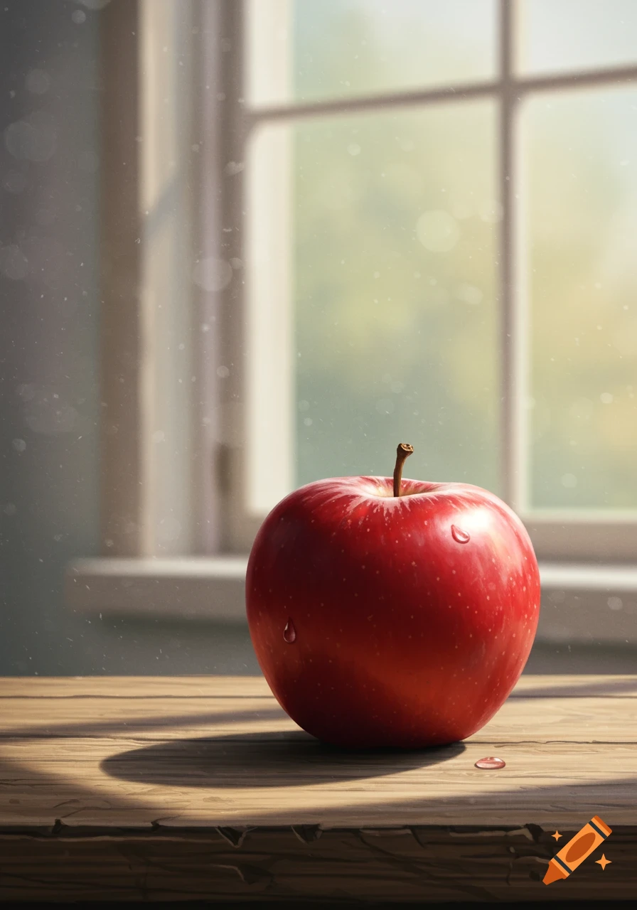 A vibrant red apple with water droplets sits on a wooden table in front of a sunlit window.