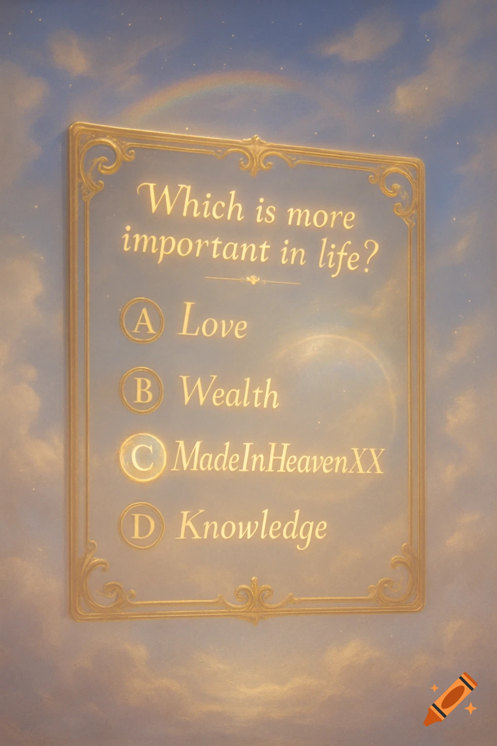 A gold-framed quiz card floats in an ethereal sky with a rainbow. The question 'Which is more important in life?' has 'MadeInHeavenXX' circled.