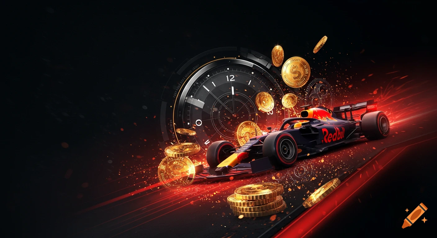Vibrant digital art of a Red Bull F1 car racing past golden coins and a large clock on a dark, red-lit background.