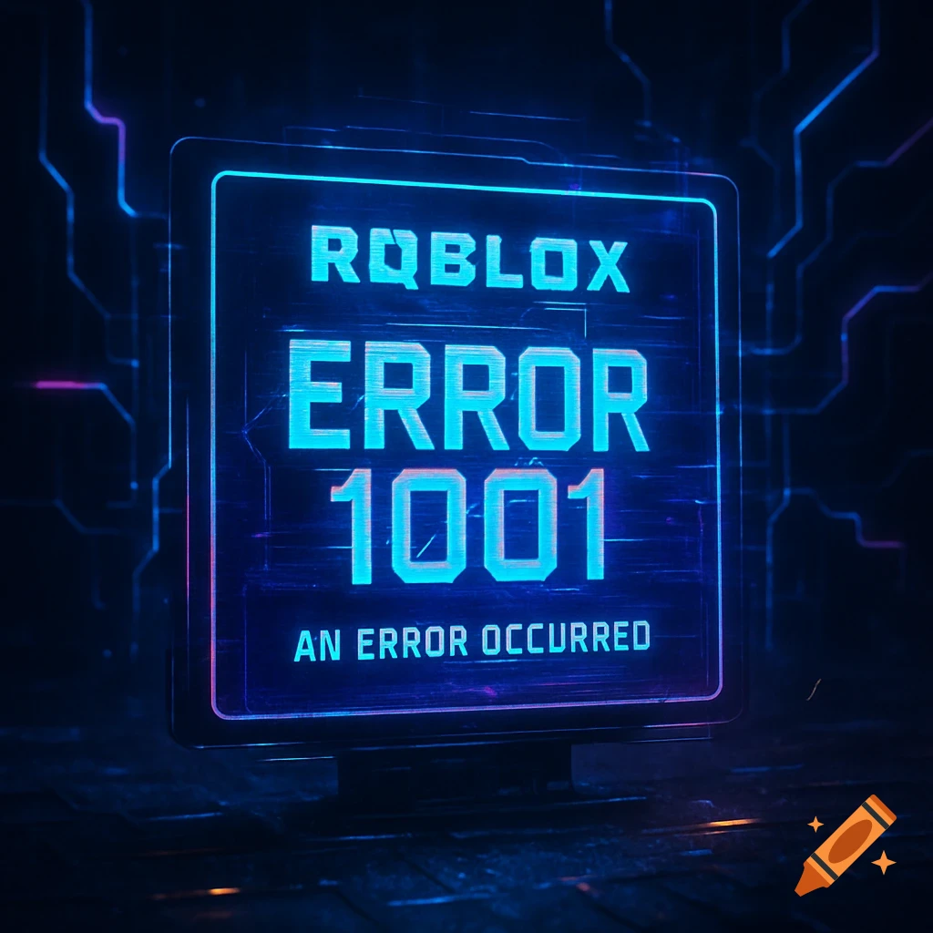A neon blue and pink digital screen displaying a Roblox Error 1001 message with the text 'AN ERROR OCCURRED'.