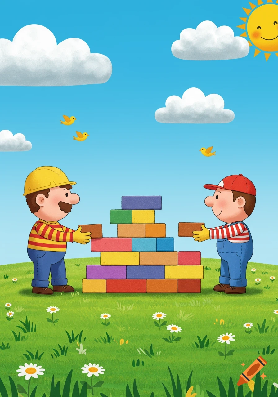 Two cheerful cartoon builders construct a colorful brick wall in a grassy field under a bright blue sky with clouds and a smiling sun.