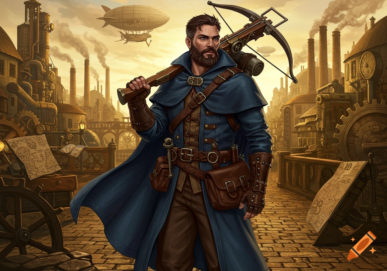 A bearded man in a blue coat and leather gear holds a crossbow over his shoulder in a detailed steampunk city with factories and airships.