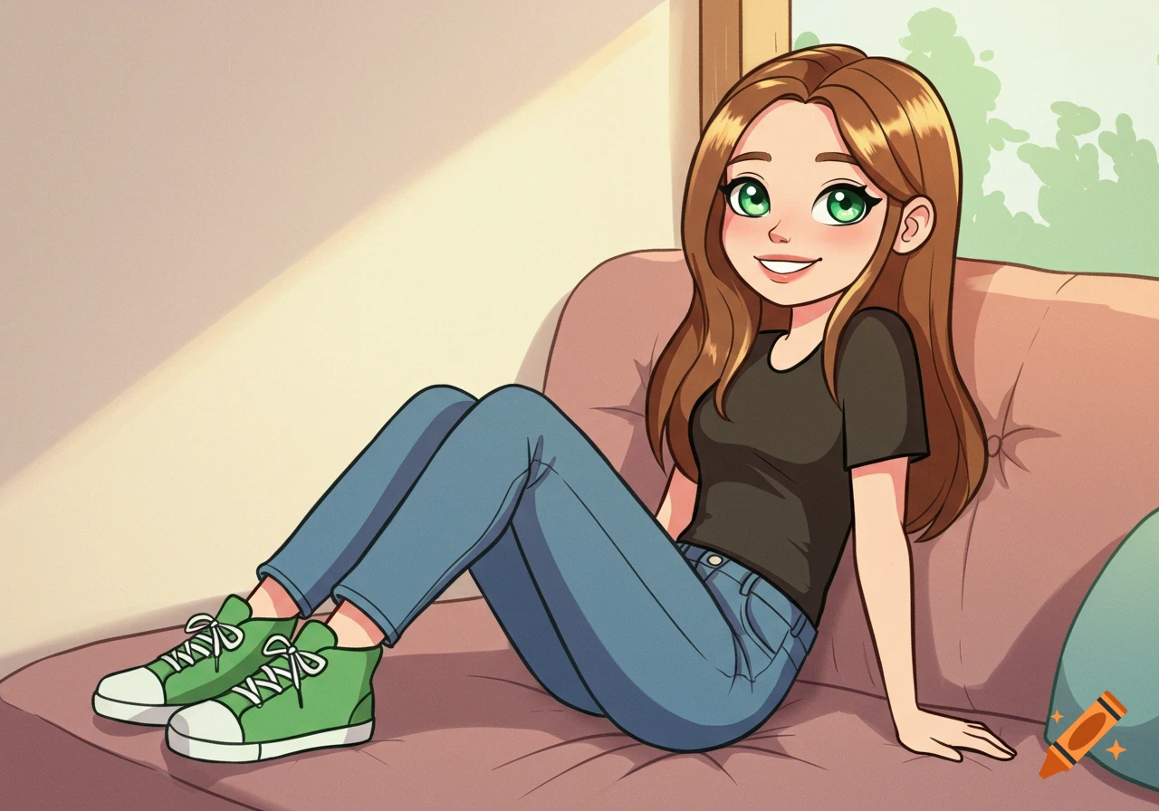 A smiling cartoon girl with long brown hair, green eyes, wearing a black t-shirt, jeans, and green tennis shoes, sitting on a pink couch.