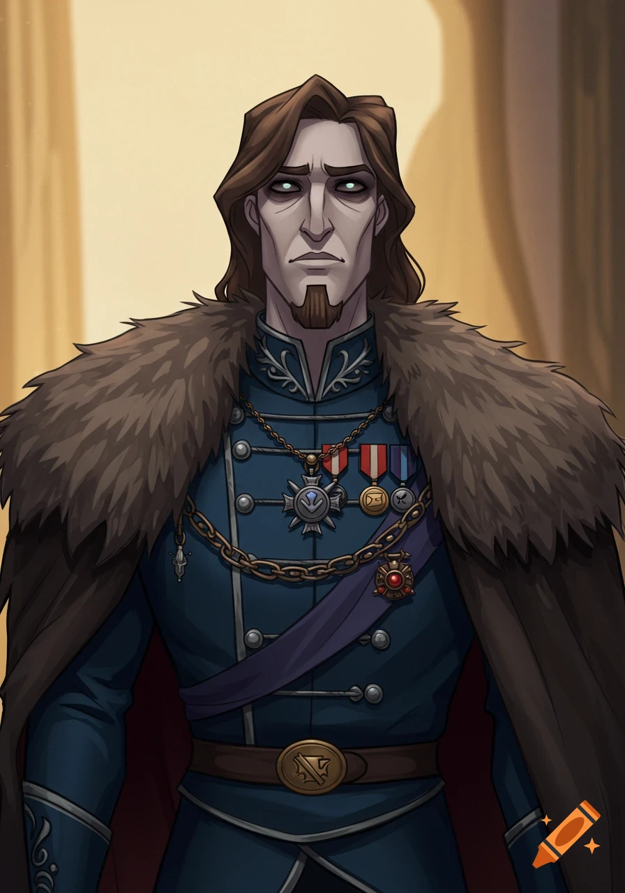 A cartoon man with long brown hair, a goatee, and pale skin, wearing a blue military uniform with medals and a fur cloak.