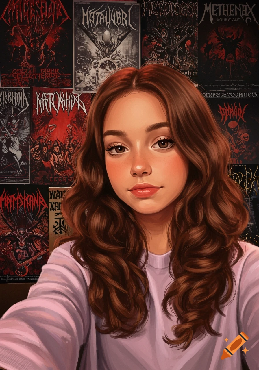 A stylized digital art portrait of a young woman with wavy brown hair taking a selfie, against a background of red and black heavy metal album covers.