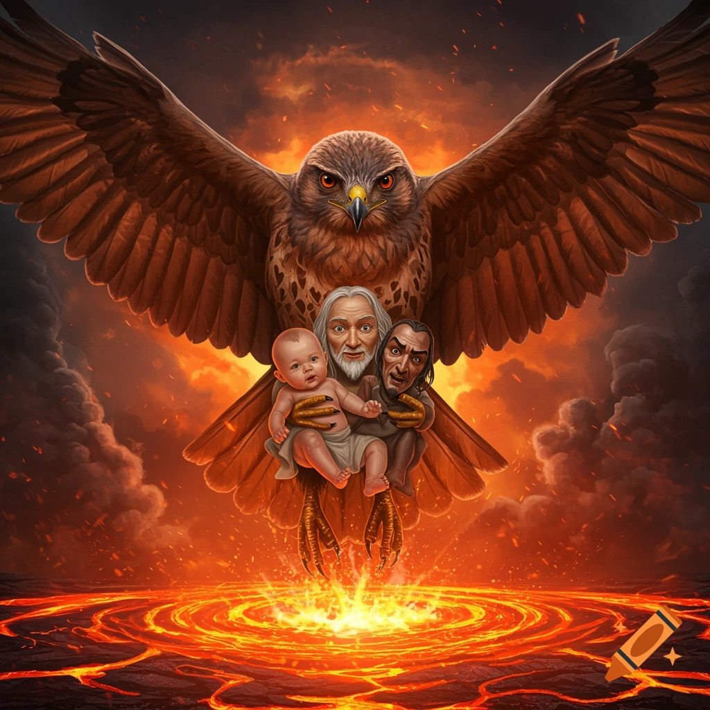 A giant hawk rises from lava, carrying a baby, an old man, and a panicked man under its wings, against a fiery, smoke-filled sky.