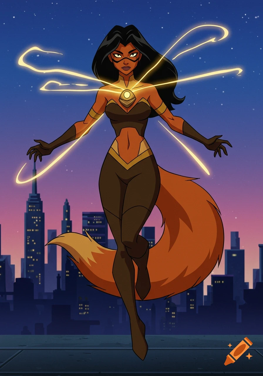 Vixen, a dark-skinned superheroine, floats over a city skyline at night in a Justice League Unlimited animation style.