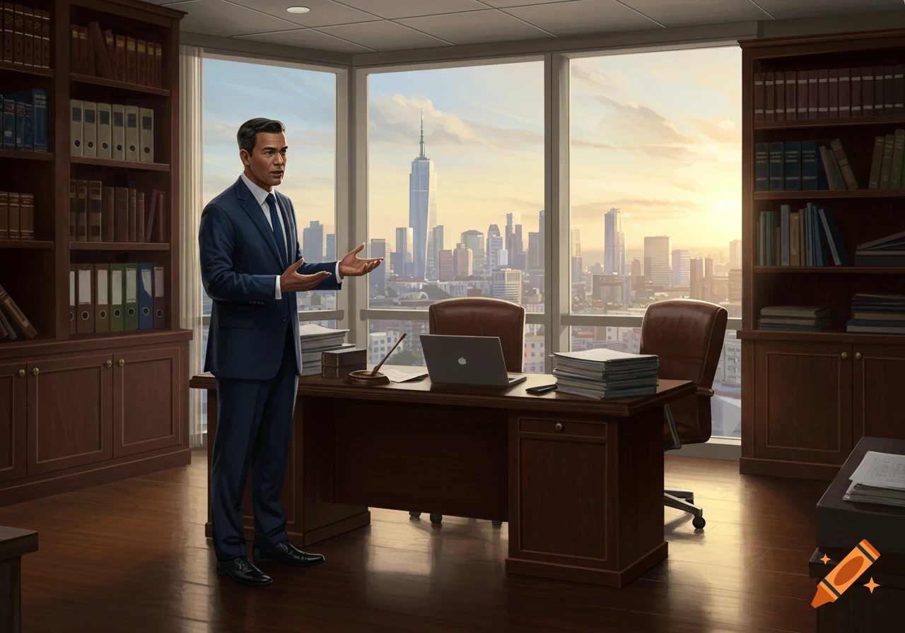 A distinguished man in a suit gestures while standing in a modern office with a large window overlooking a cityscape at sunset, with bookshelves and a desk.
