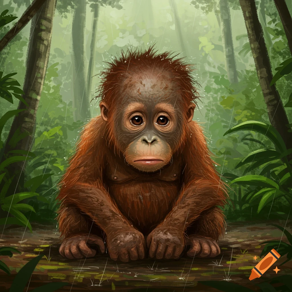 A sad baby orangutan sits on a log in a rainy jungle forest, looking at the viewer.