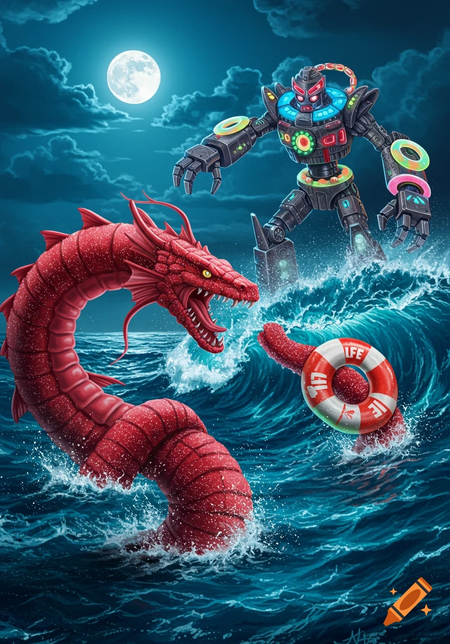 Cartoonish illustration of a red serpent battling a glowing robot holding a lifebuoy in a stormy ocean at night.
