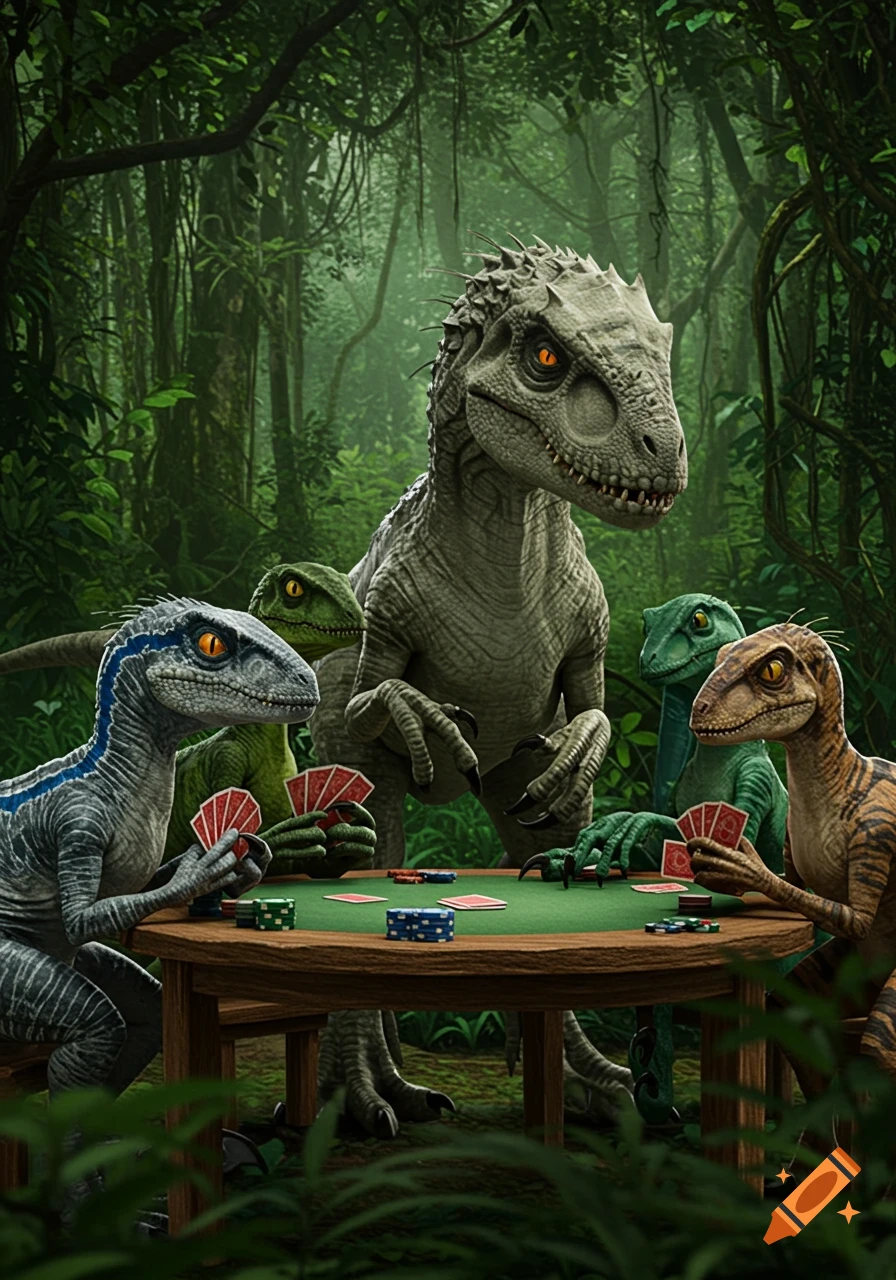 Photorealistic image of dinosaurs, including Blue and Indominus Rex, playing poker at a table in a dense jungle.