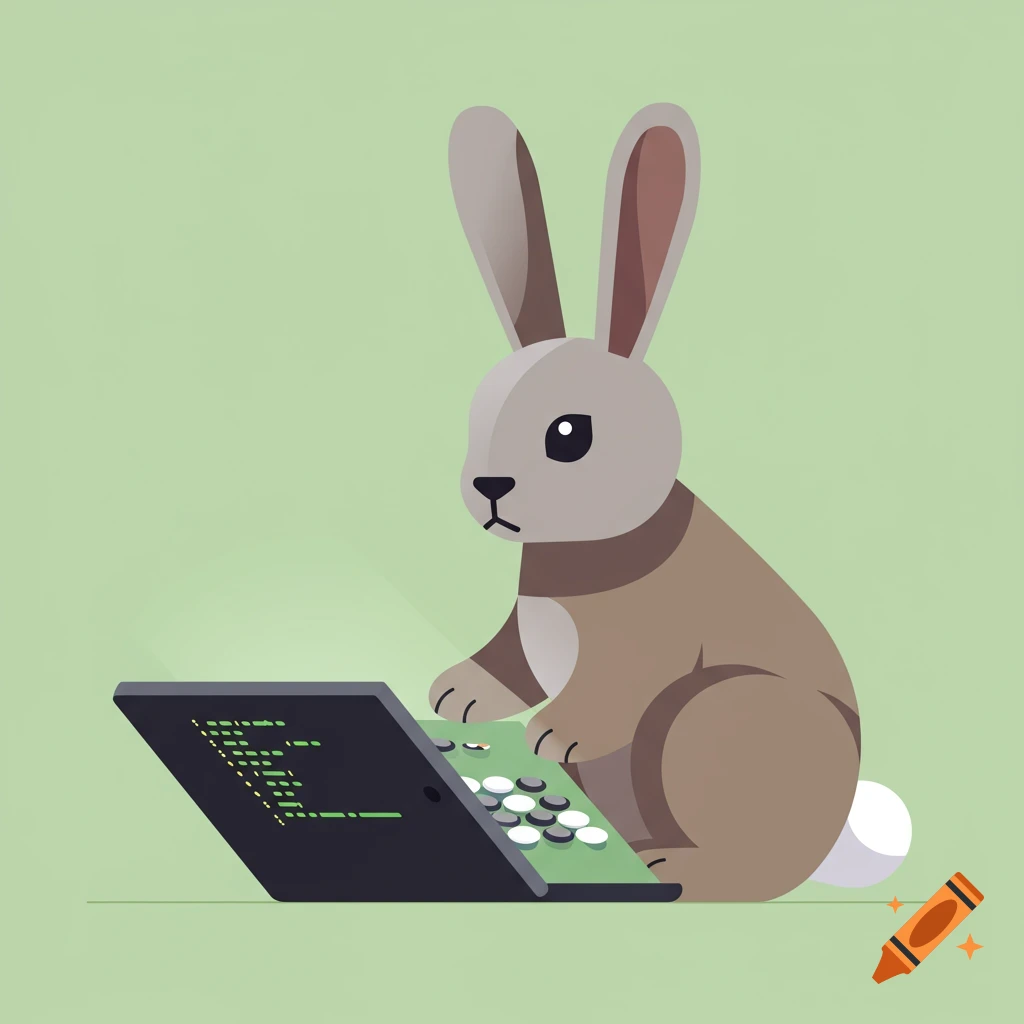 A stylized brown and grey rabbit sits, typing on a laptop displaying green code on its screen, against a light green background.