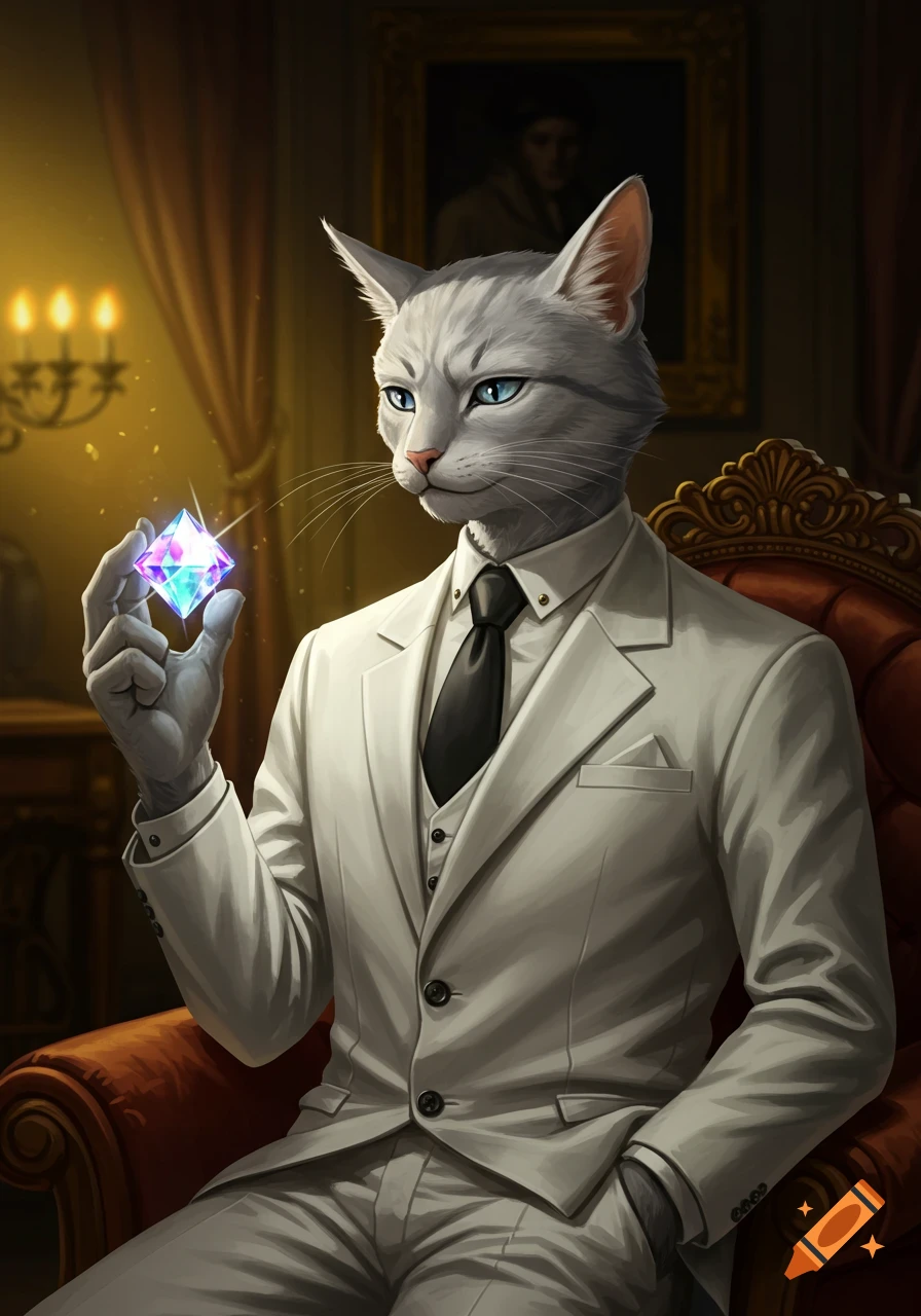 Anthropomorphic cat in a white suit and black tie holding a glowing gem, digital art.