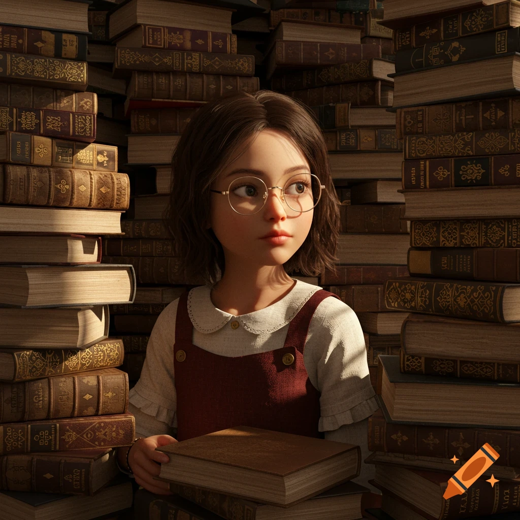 A young girl with glasses holds a book, surrounded by stacks of old books in a warm, detailed style.