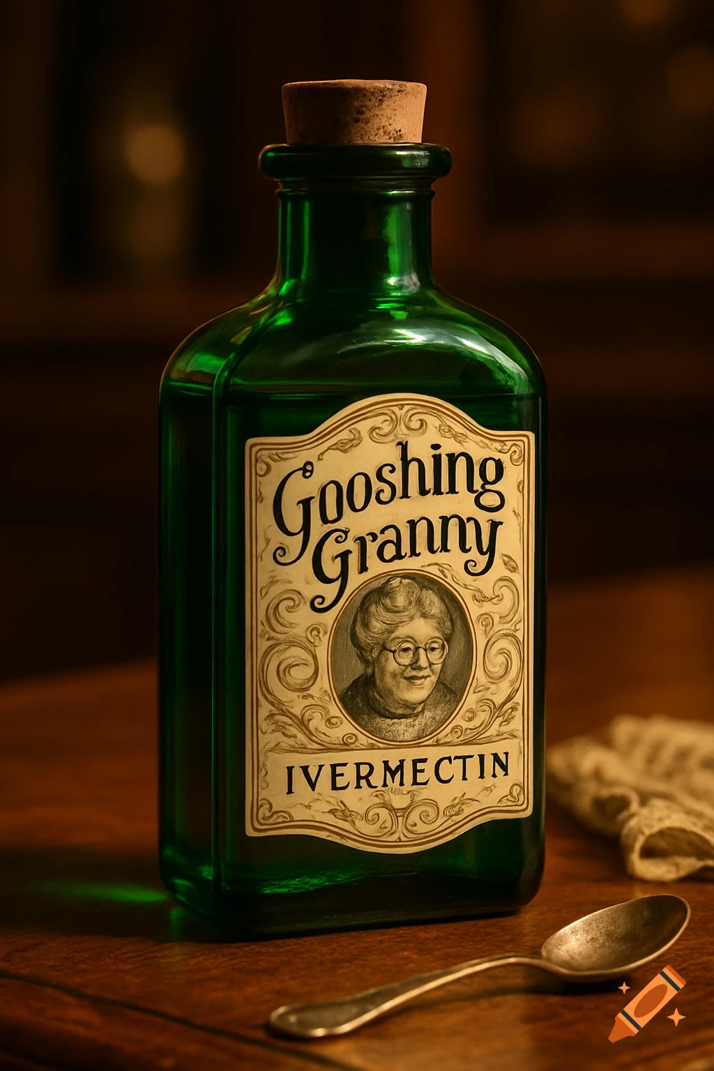 A green vintage bottle labeled "Gooshing Granny IVERMECTIN" with a portrait of an elderly woman, next to a spoon on a wooden table.